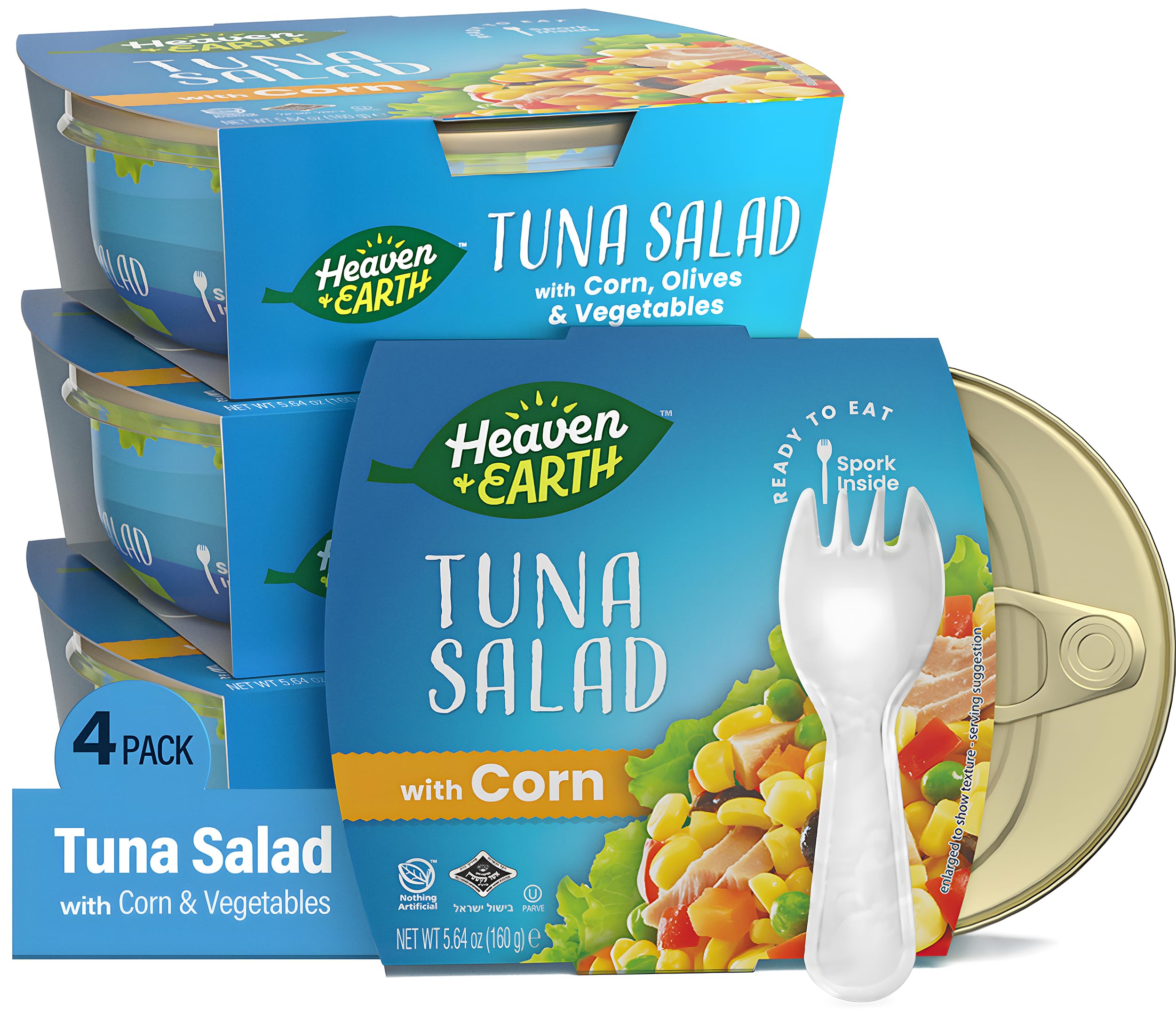 HEAVEN & EARTHReady to Eat Tuna Salad with Corn & Vegetables, 5.64oz (4 Pack) | Great Source of Protein | Travel Friendly Meals | Spork Included