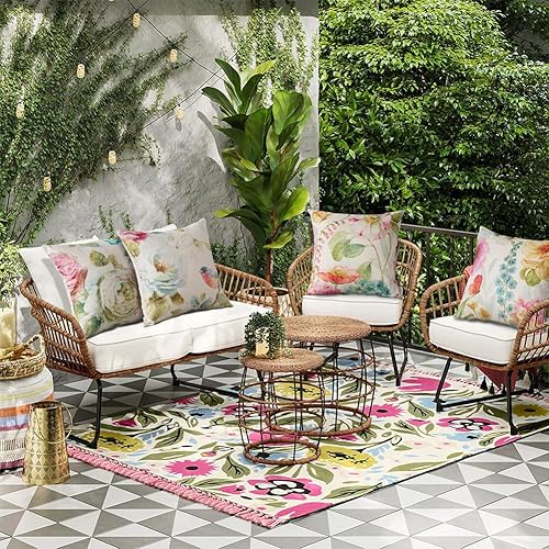 Miniatura 6 de Artscope Juego de 4 fundas de almohada impermeables de 18 x 18 pulgadas, fundas de cojín decorativas con patrón de pájaros y mariposas coloridas,