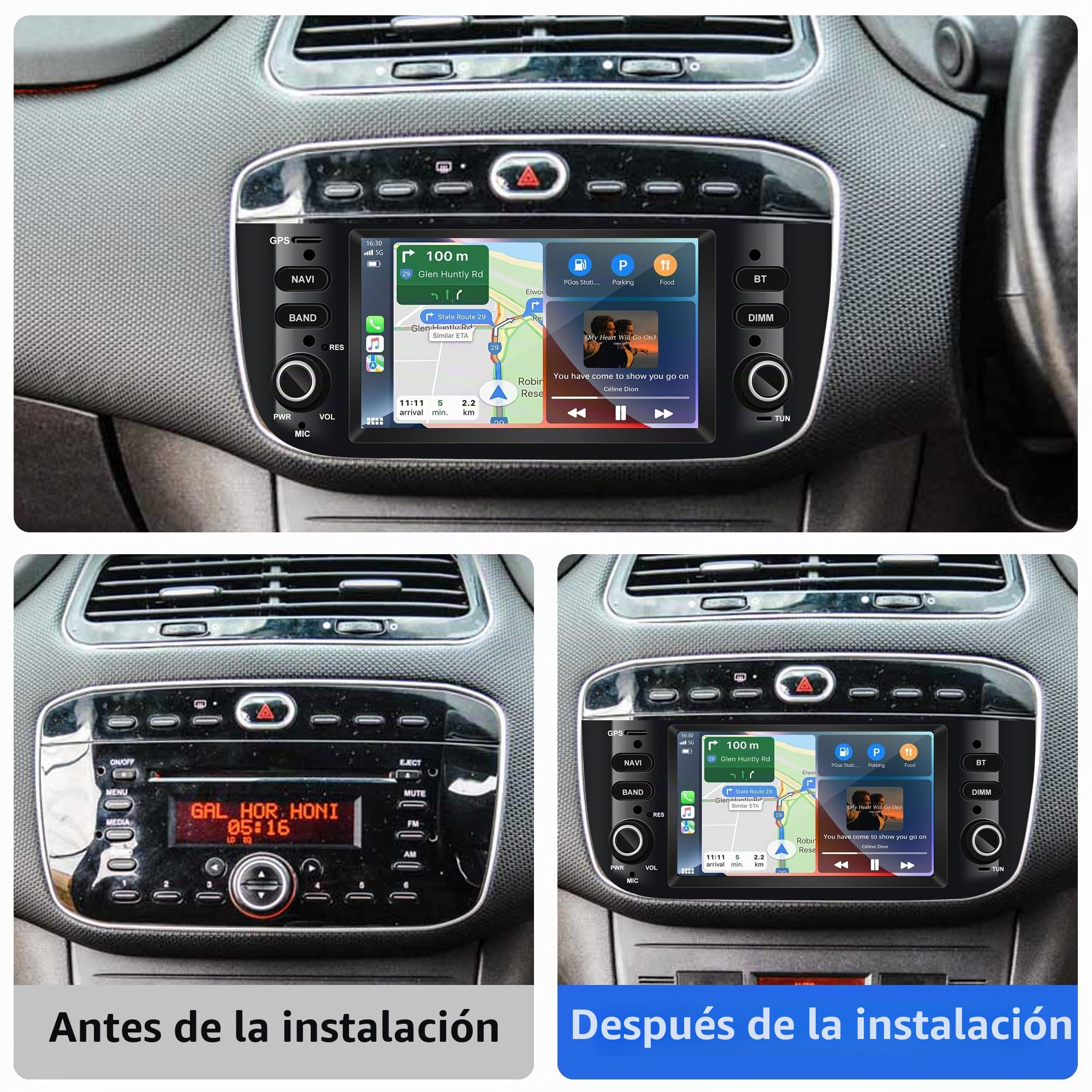 Radio de Coche Android 6,2" para Fiat Linea y Punto EVO (2010–2017) – CarPlay con Cable y Android Mirror Link, Navegación GPS, Bluetooth, WiFi, Radio FM, Control del Volante, 2GB RAM + 16GB ROM
