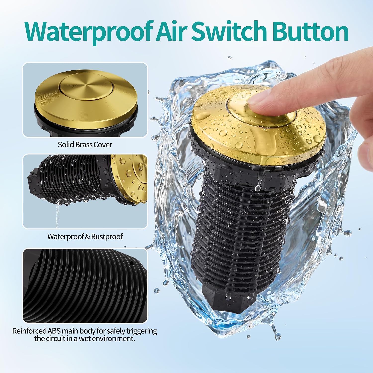 Garbage Disposal Air Switch Kit - UL Listed Sink Top Waste Disposal Push Button Switch with 3.6" Long Brass Button, 4ft Air Tube, 16A/2HP Power Module for Food Waste Disposer, Brushed Champagne