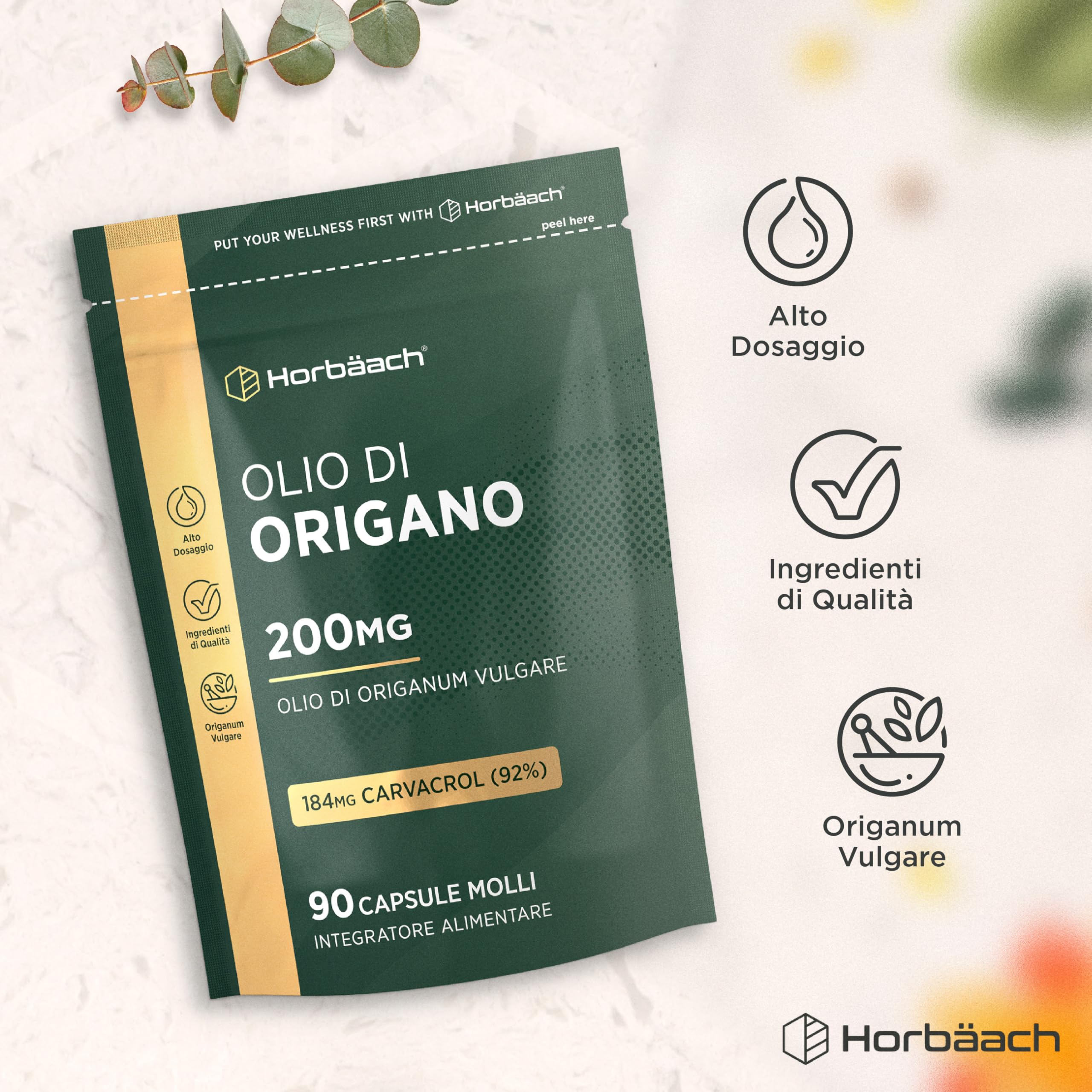 Olio di Origano Capsule 200mg | 90 Capsules | 184mg Carvacrolo | Alto Dosaggio | Integratore di olio di origano | Horbaach
