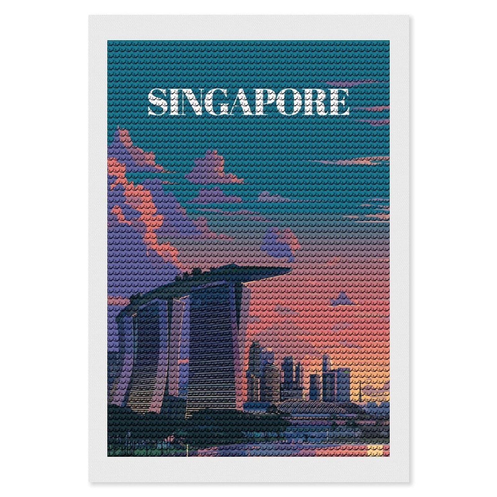 Junmoney Singapore Skyline at Sunset(3) Diamond Painting Canvas Set 8"x12", Boho Decor, for Craft Lovers, Easy Handmade Project, Holiday Gift Idea