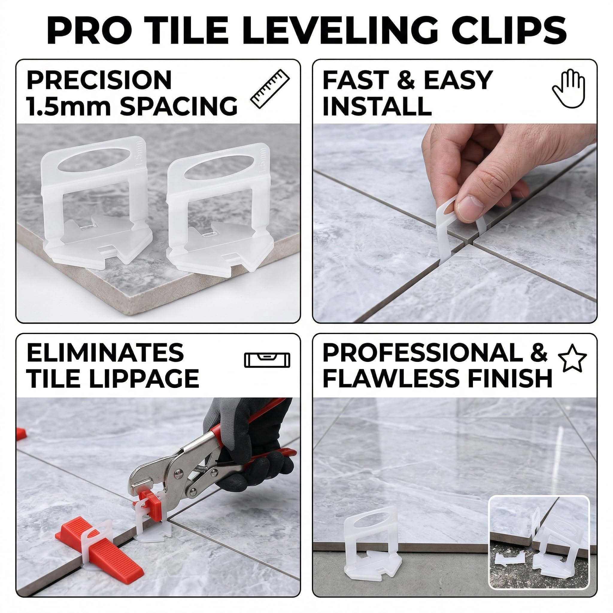 Sistema di livellamento per Piastrelle 200 Pezzi con Clip in PVC per Piastrelle da 1.5mm - Accessori per Pavimenti e pareti - Facile da Usare per Una Finitura Perfetta