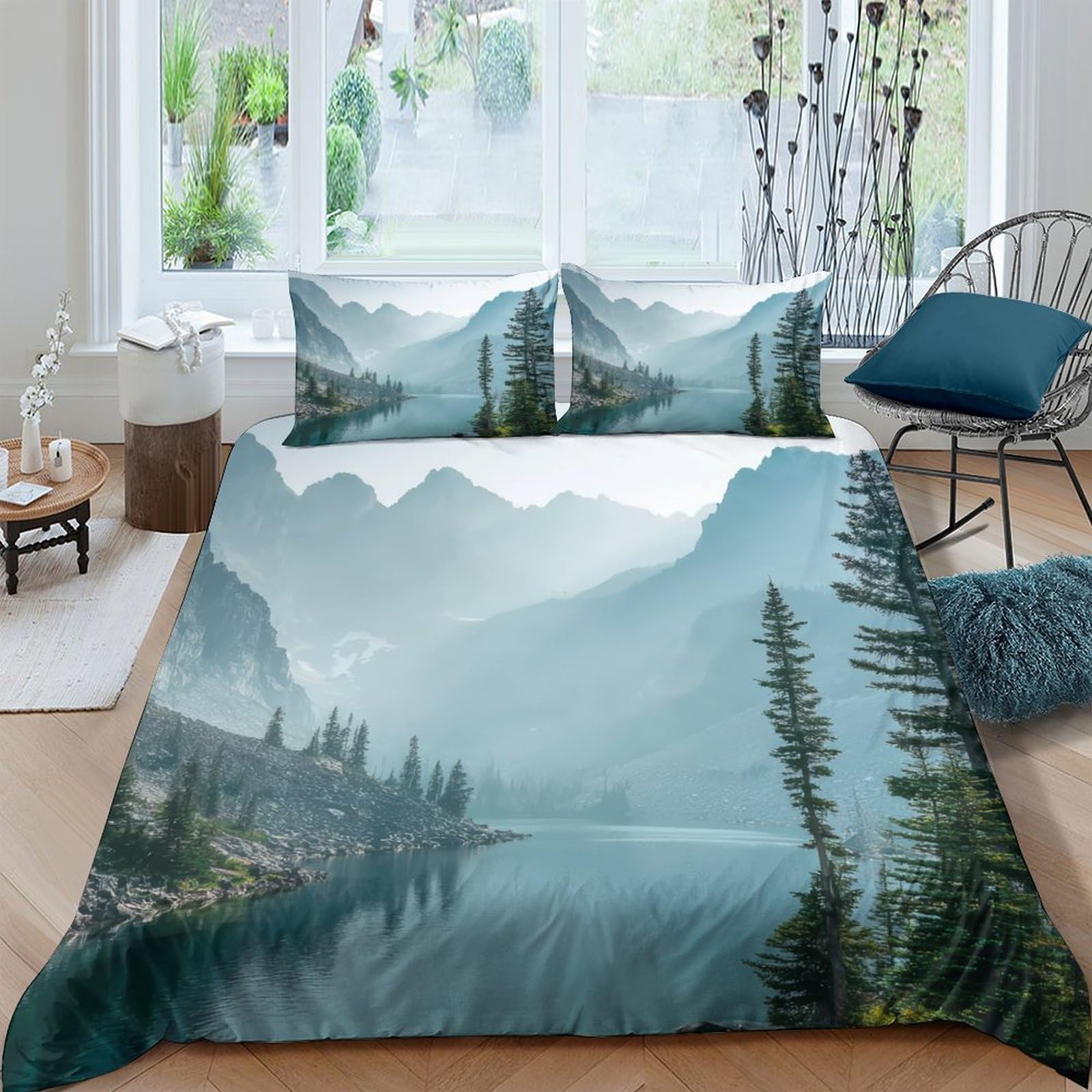 Ctjqhvkz Style-4 3D Printed Misty Mountain Fitted Sheet Microfiber Soft Breathable Lake Forest Mattress Cover For Bedroom Dorm Decor Single（135X200cm）