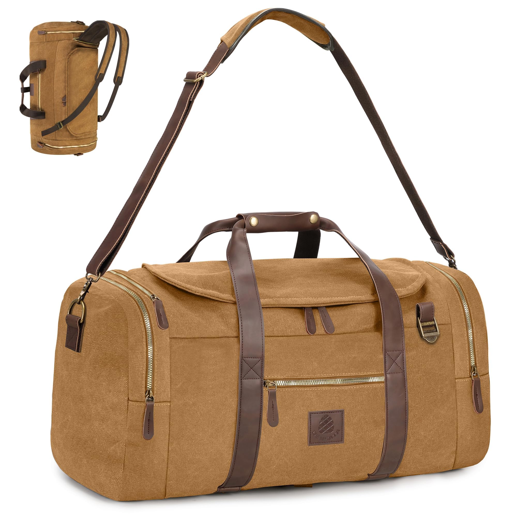 Vintage Canvas Duffle Bag, 50L Echtleder Reise Duffel Rucksack Multifunktionale Übernachtung Weekender Tasche mit Schuhfach Herren (Kaffee), Kaffee, Large-50L, Vintage
