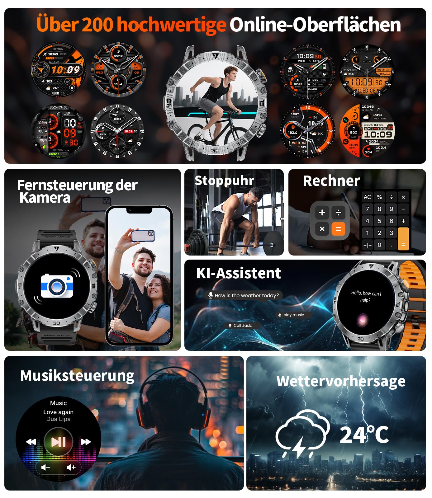LIGE Smartwatch Herren Militär, 1000mAH Großer Akku, 1,7”HD Großes Display mit Telefonfunktion, LED Taschenlampe Fitnessuhr mit 110+ Sportmodi, Herz-/Schlaftracking,IP68 Sportuhr iOS/Android,Schwarz