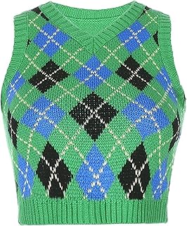 Sponsored Ad - Hyipels Argyle Sweater Vest Women Y2K Plaid Knitted Streetwear Preppy Style V Neck Crop Knitwear Tank Top f...