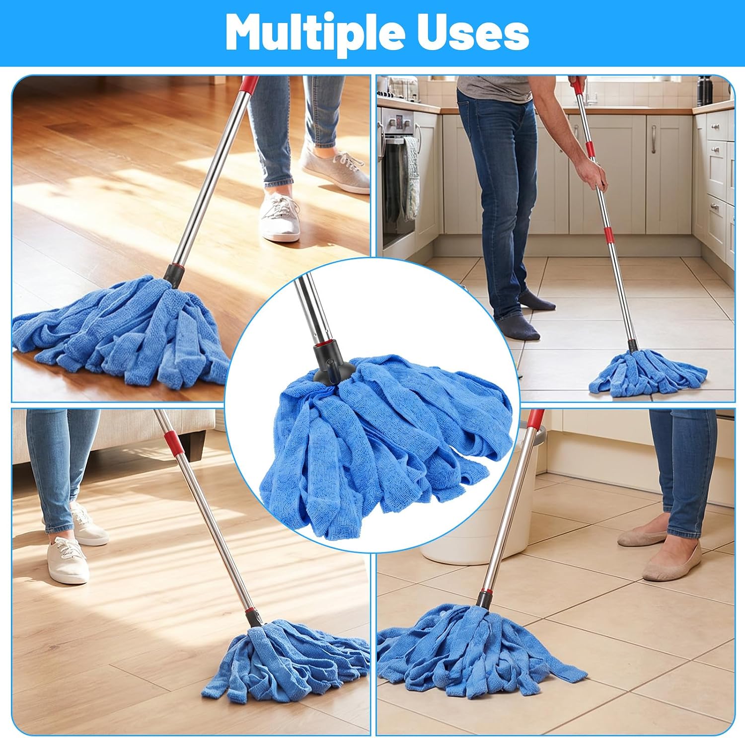 Microfiber Cloth Mops for Floor Cleaning, One Pole with Four Microfiber Cloth Mop Refills, Reusable Floor Cleaning Mop Replacement Compatible with 0.8 Inches Diameter Long Handle (Blue)