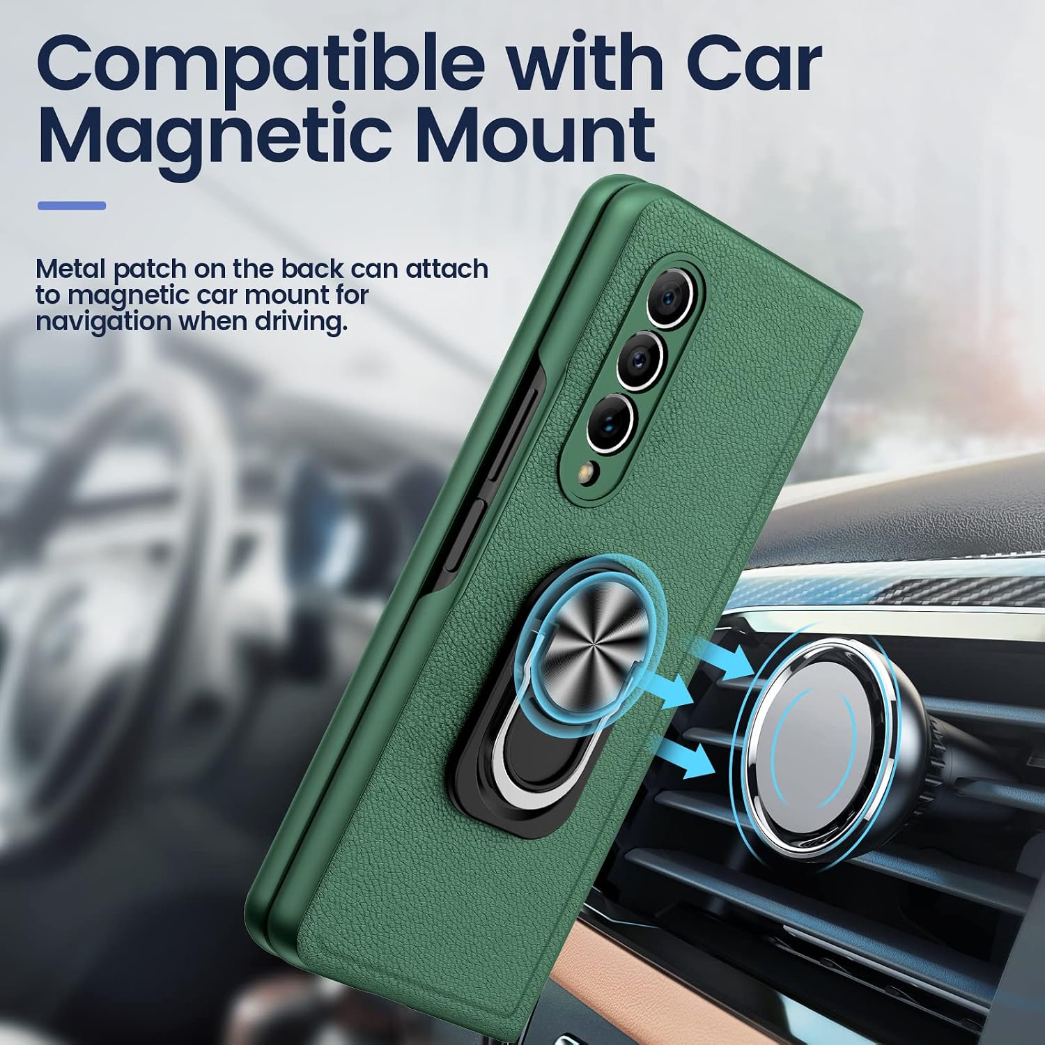 Caka for Samsung Z Fold 3 Case, Z Fold 3 Case with Screen Protector Kickstand Ring Stand Magnetic Full Body Cover Luxury PU Leather Case for Galaxy Z Fold 3 5G- Green