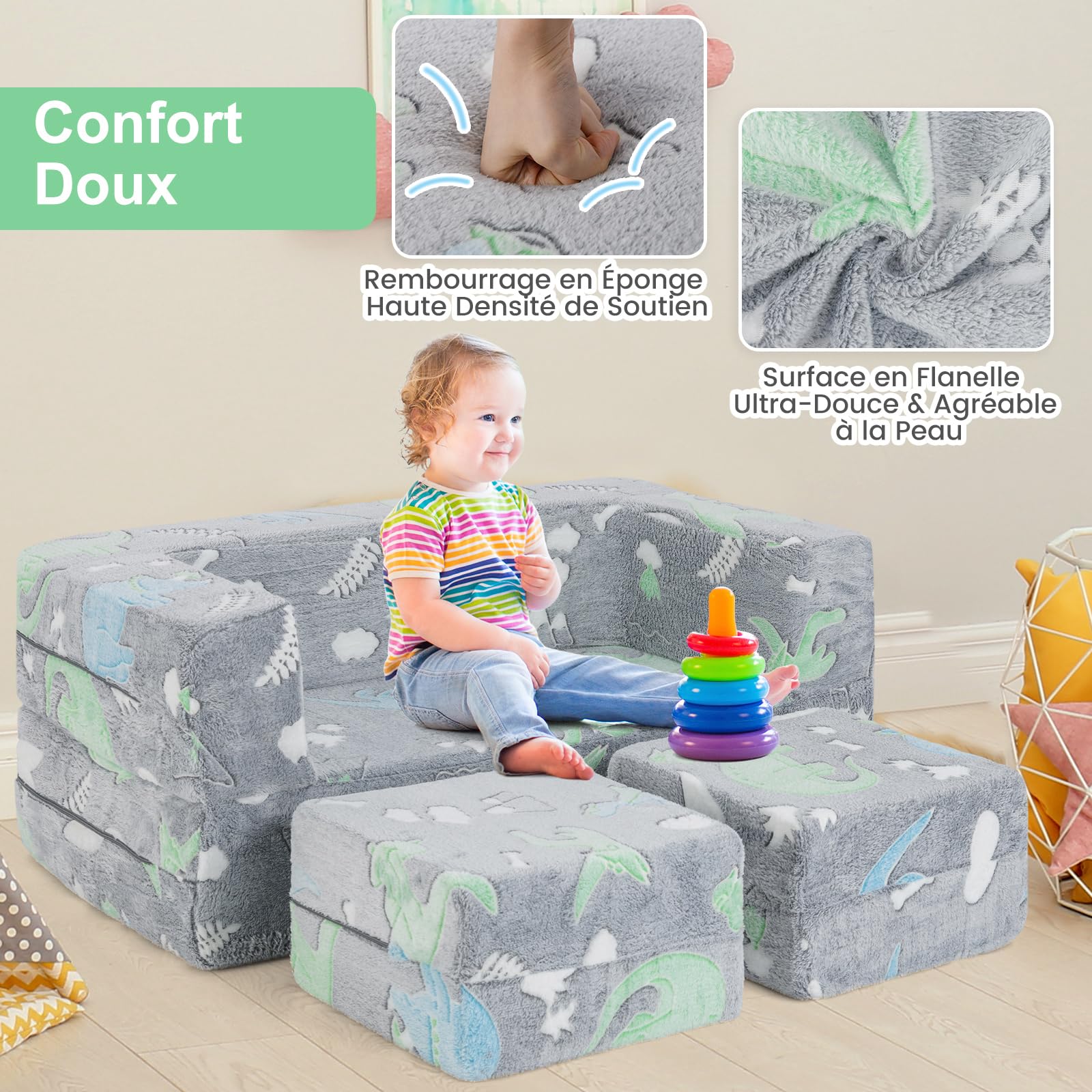 COSTWAY Canapé Enfant 2 Places Lumineux (Brillant dans Le Noir) avec Motif Dinosaure, Fauteuil Enfant Convertible en Tissu avec Housse Lavable, Canapé Modulaire Phosphorescent pour 3 Ans+