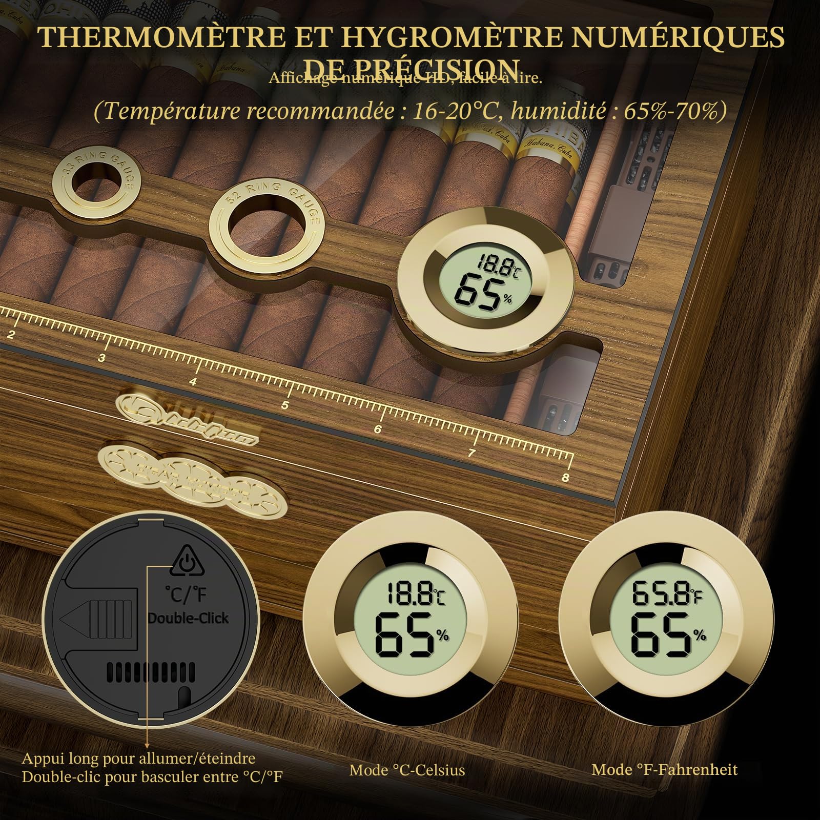 LIHTUN Cave à cigare, étui à cigares de bureau avec hygromètre numérique, humidificateur, tiroir d'accessoires de cigare, tiroir et échelle de mesure, boîte à cigares pour homme (Ch-2)