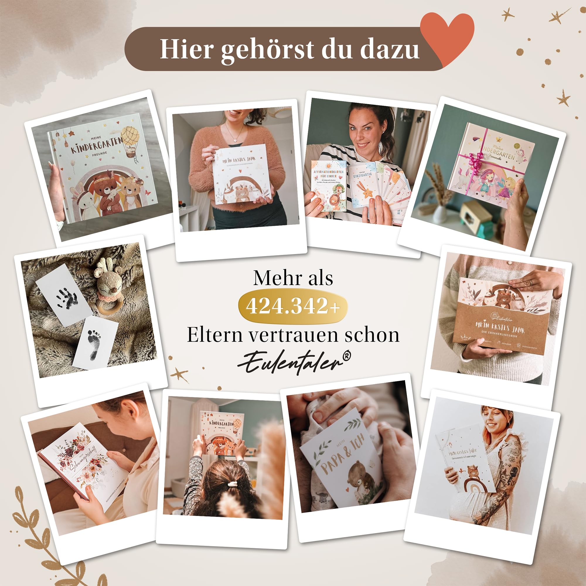 EULENTALER® 3in1 Babyalbum Set: Babytagebuch „Mein erstes Jahr“ + Meilensteinkarten + Abdruckset + Box - Geschenk zur Geburt für Junge & Mädchen