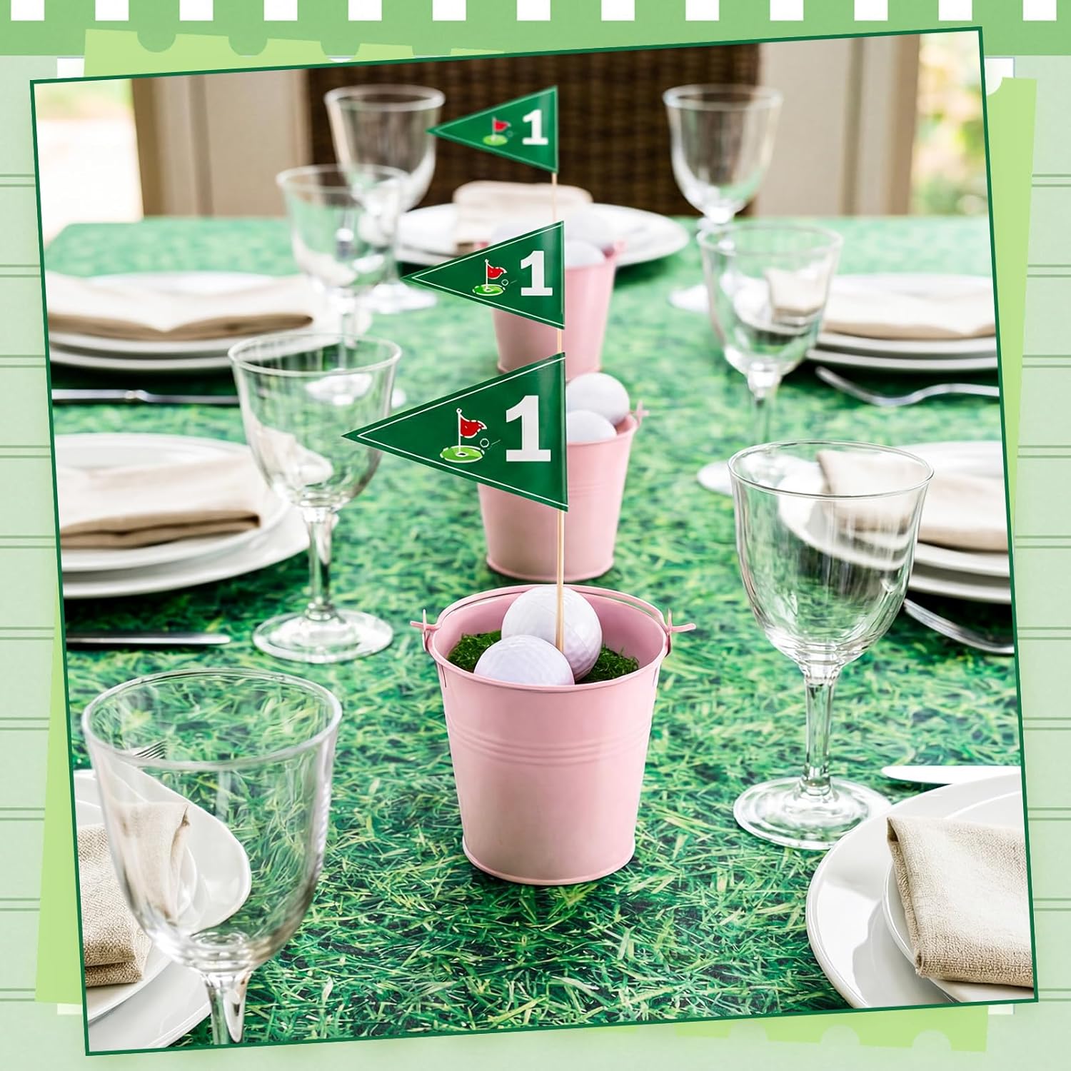 8 Sets Golf Party Centerpieces for Table 34 Pcs Golf Decorations with 8 Iron Buckets, 8 Golf Balls, 8 Grass Mats, 2 Tablecloth, 8 Flags for Golfers Sports Themed Birthday Party Supplies (pink)