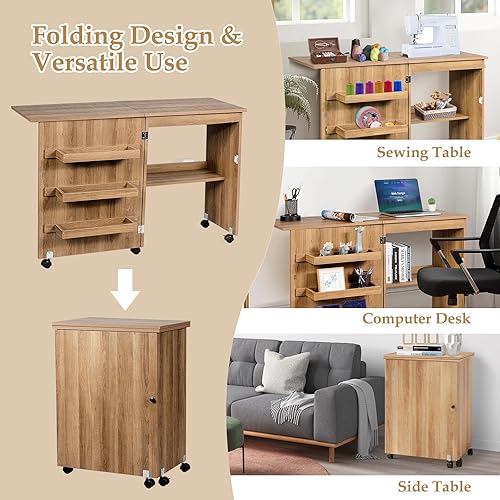 Miniatura 4 de COSTWAY Folding Sewing Table, Multipurpose Craft Station Desk, Display Cabinet with Shelves Storage, Lockable Wheels, Rolling Sewing Machine Desk