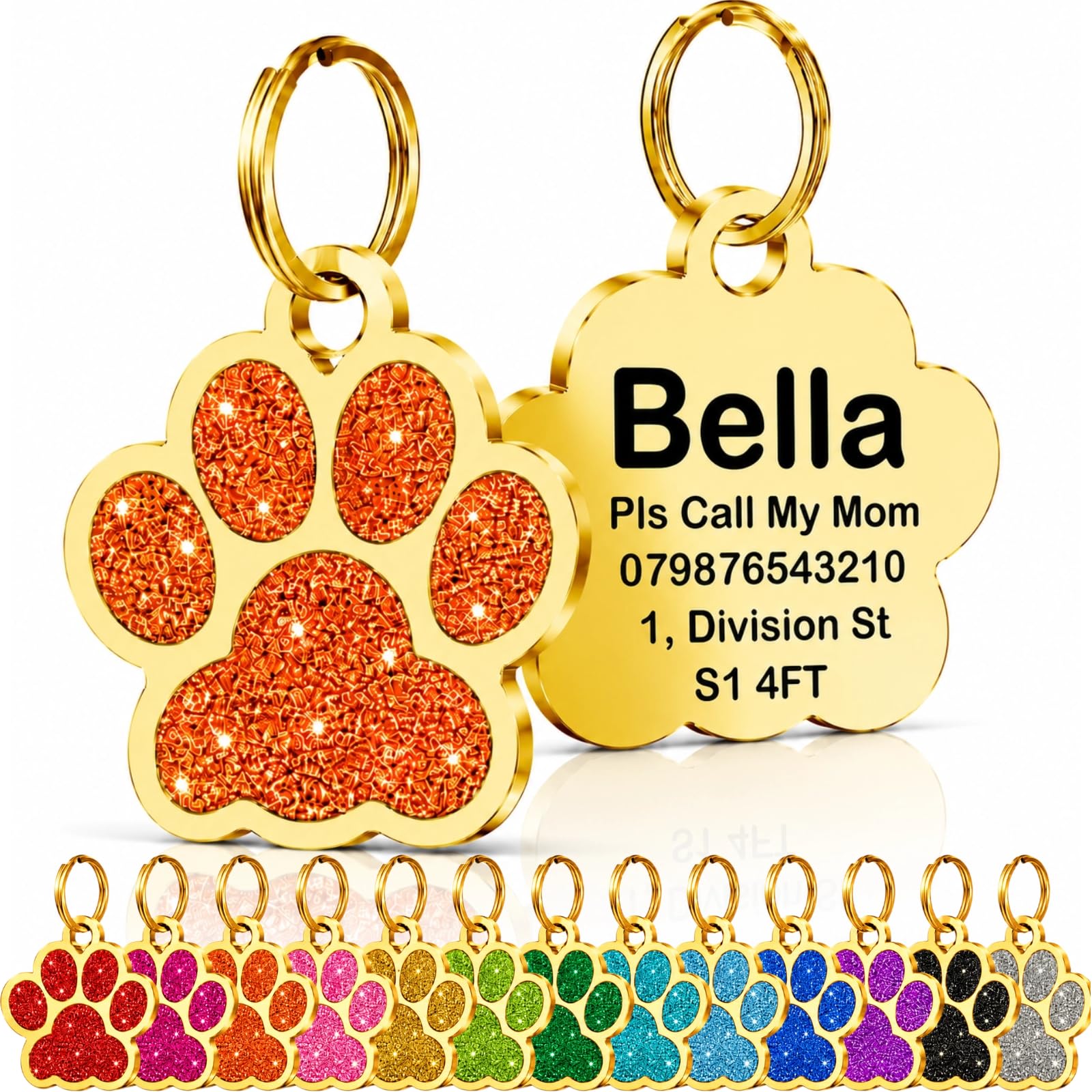 Personalised Cat Tags, Dog Tags for Pets UK Prime, Deep Engraved Pet ID Tags for Dogs & Cats, Glitter Paw Print Stainless Steel Cat Name Tag, Doggy Cat Kitten Kitty Puppy Tag (Orange Paw-Gold, L)