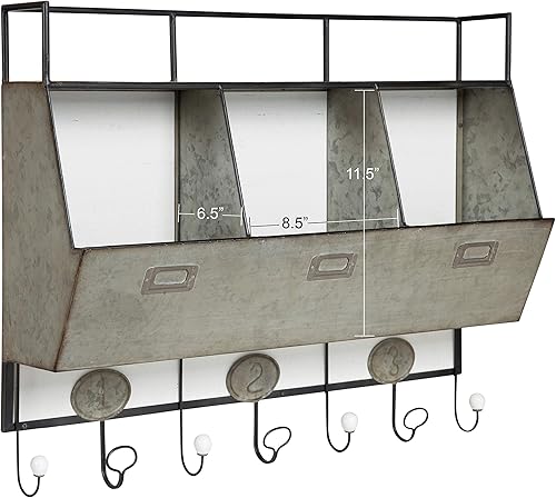 Miniatura 4 de Kate and Laurel Arnica - Bolsillos de almacenamiento de pared de metal y madera blanca antigua con ganchos