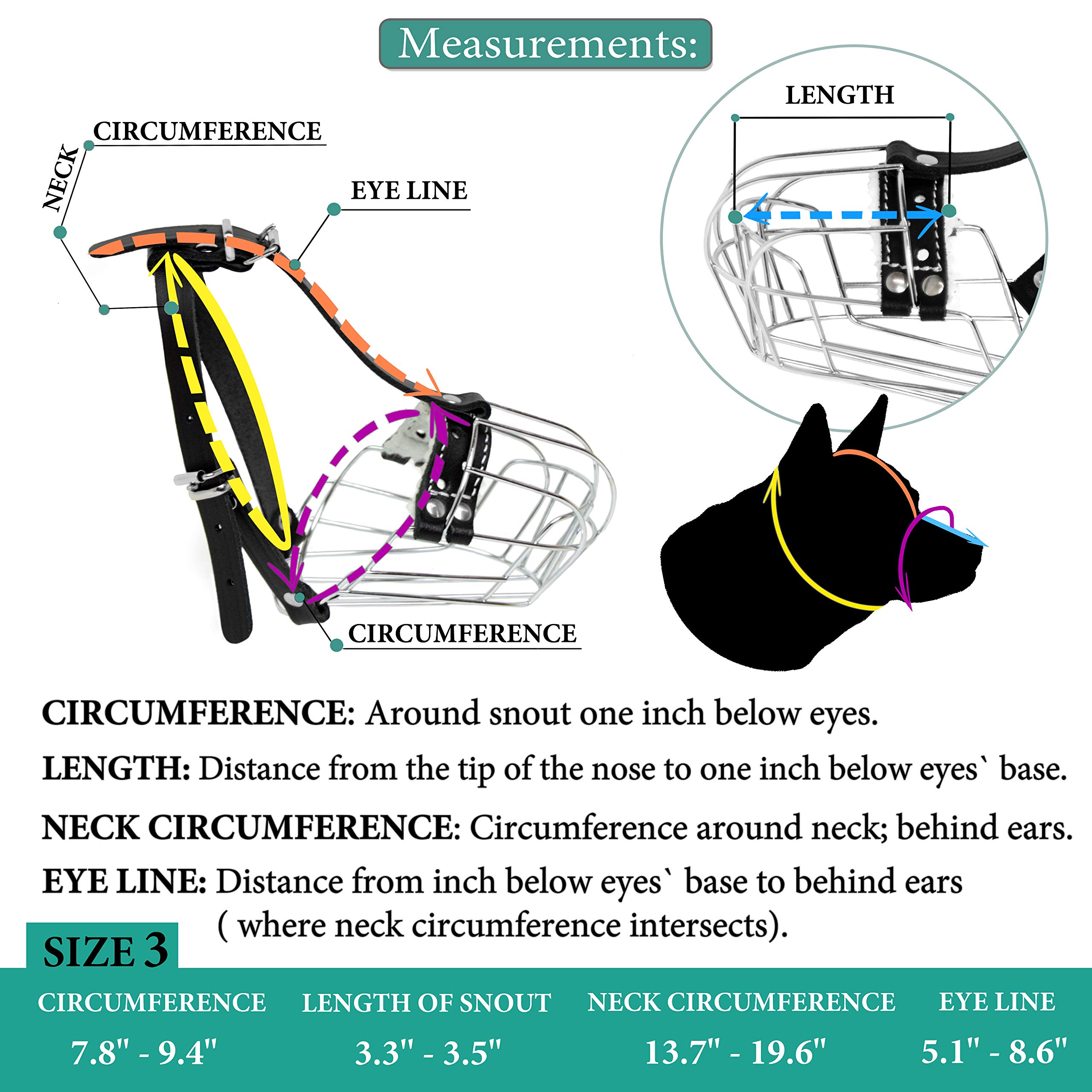 Bozales de Metal Cromado para Perros, Correas de Cuero Ajustables (№3) La Circunferencia es de 19,8-23,8 cm, la Longitud es de 8,3-9 cm