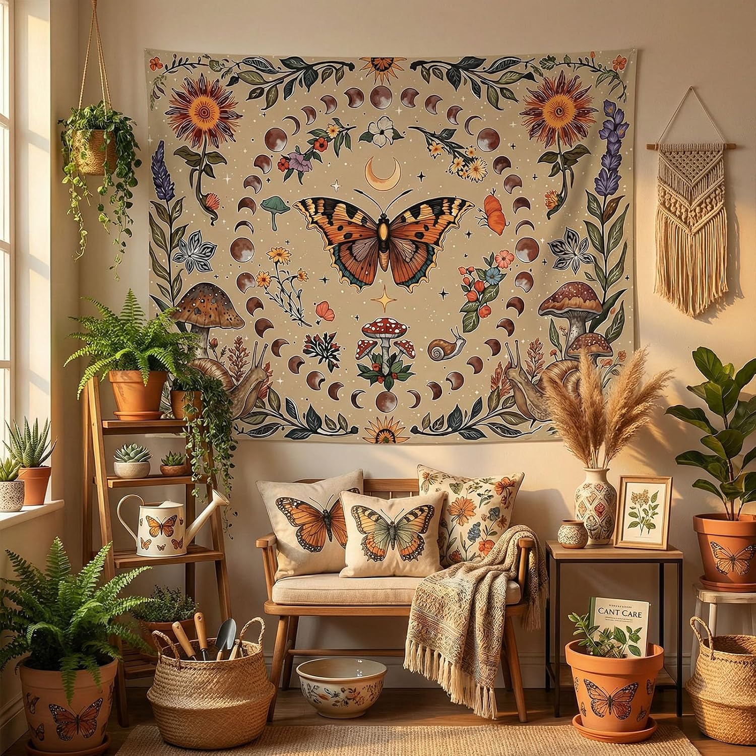 Kanuyee Vintage Butterfly and Moon Phase Wall Tapestry, Aesthetic Mushroom and Botanical Art Tapestries for Room Decor, Cottagecore Tapestry 90"x70"
