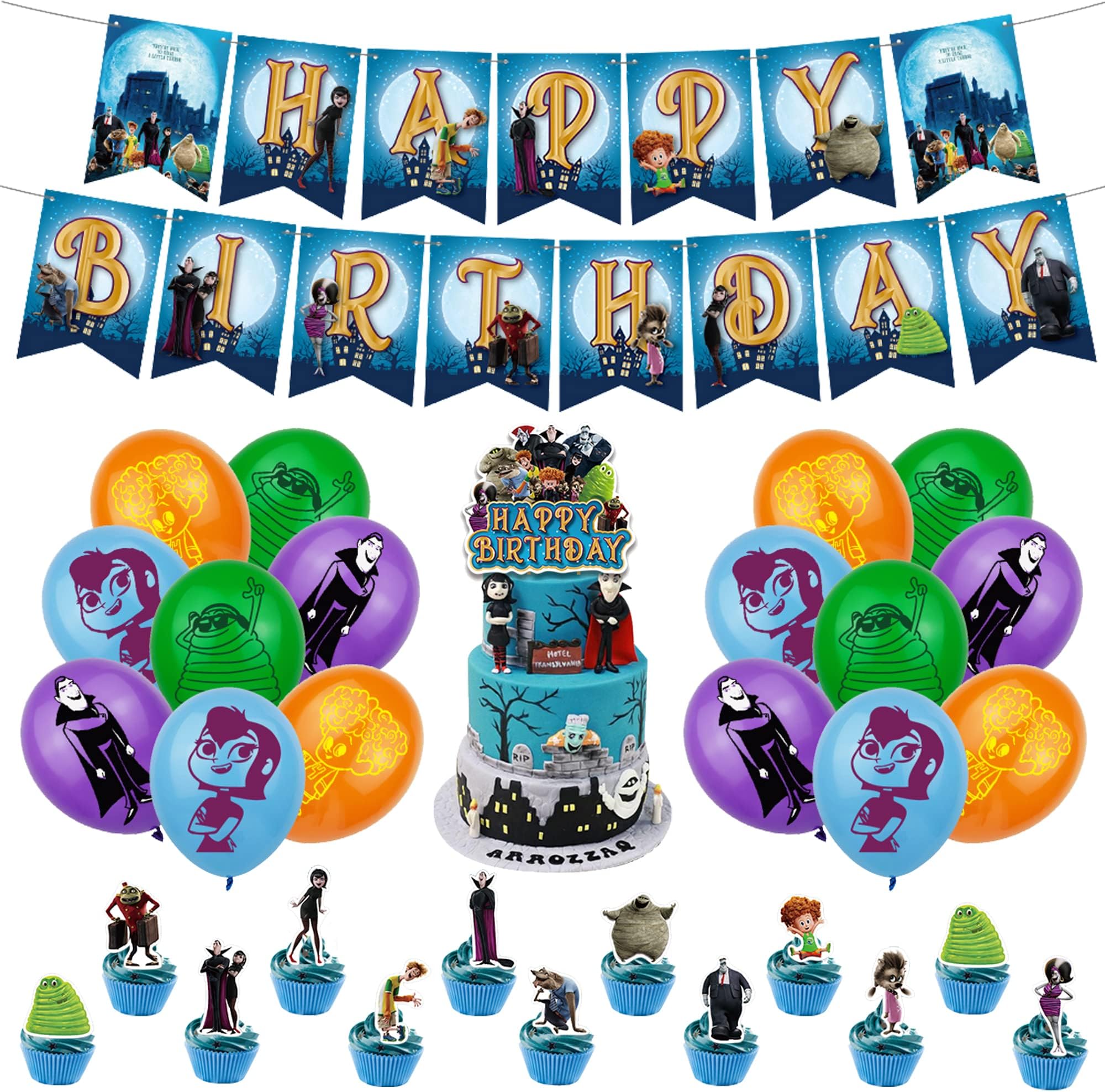 RZDQZY Hotel Transylvania Balloons & Decorations - Birthday Banner, Cake Toppers, Latex Balloons - Blue, Green, Orange, Purple - Dracula Theme