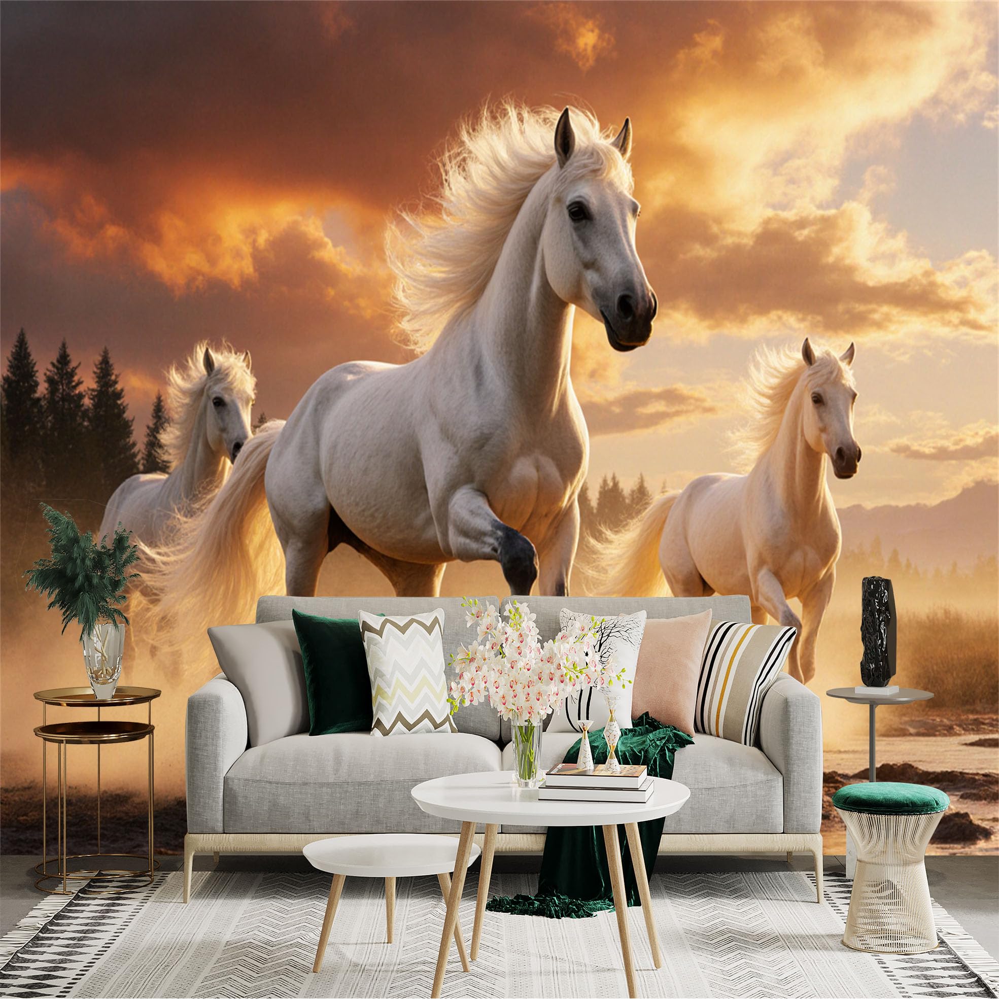 Lnzczhyre Cx260427681 Custom Size Wall Sticker Mural， Running White Horses In Sunset Landscape With Dust And Forest， For Wall Decoration， Peelandstick Wall Decals.