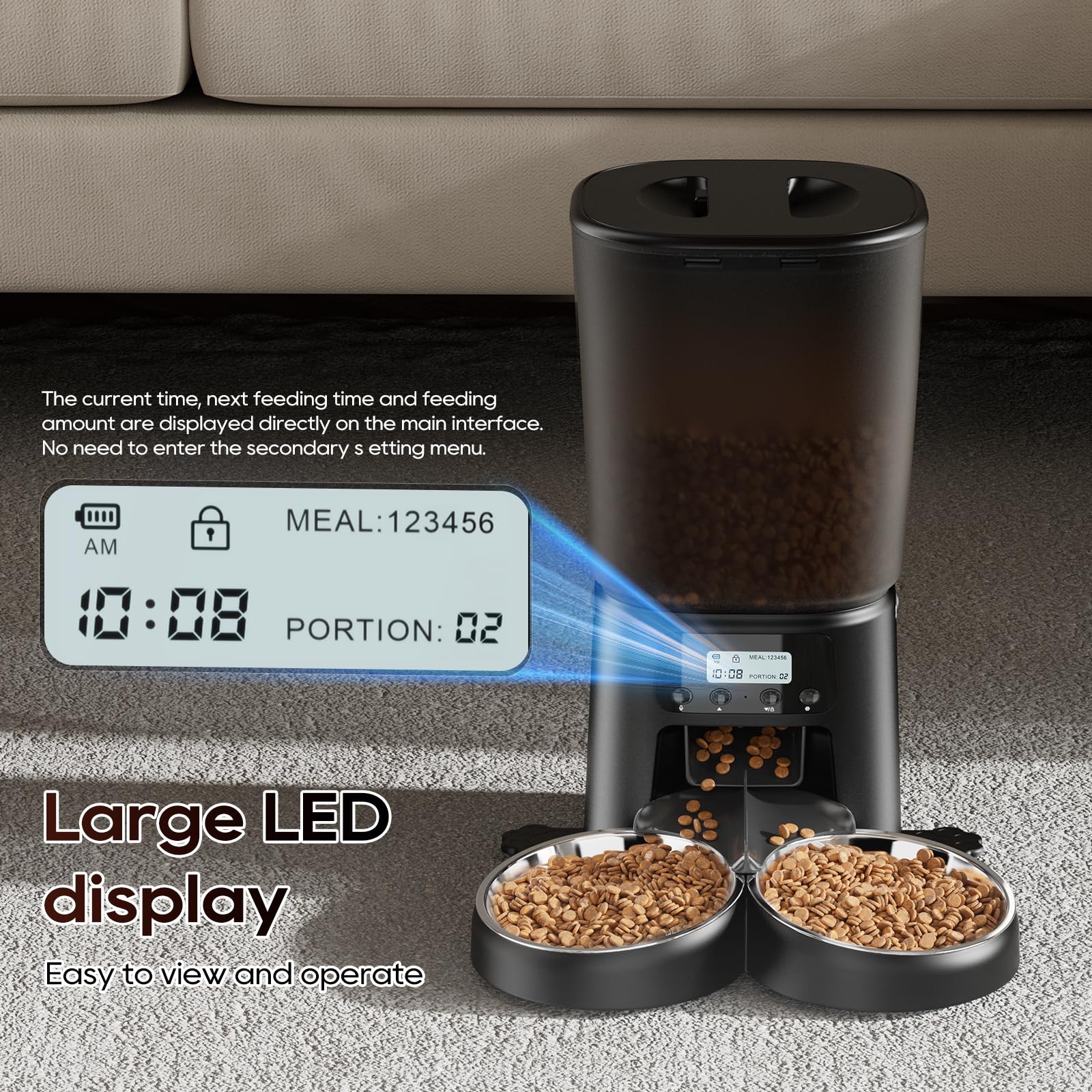 Petrice Automatic Cat Feeder for 2 Cats, 6L/25 Cups Cat Food Dispenser Programmable 30 Portions 6 Meals per Day, Timed Pet Feeder for Kitty Small Dogs with 10S Voice Record, Easy Setup, Black - image 5