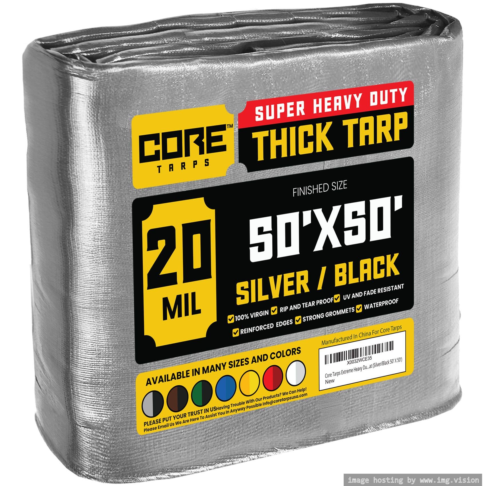 Core Tarps Extreme Heavy Duty 20 Mil Tarp Cover, Waterproof, UV Resistant, Rip and Tear Proof, Poly Tarpaulin with Reinforced Edges for Roof, Patio, Pool, Boat (Silver/Black 50′ X 50′)