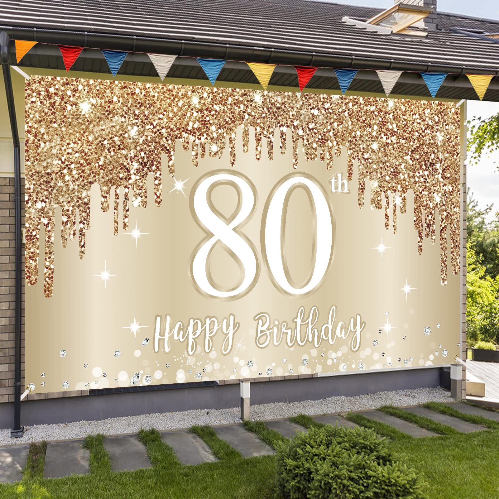 Happy 80th Birthday Banner Backdrop – Gold & White 72.8x43.3 Inch Party Decor, Photo Booth Background For Women