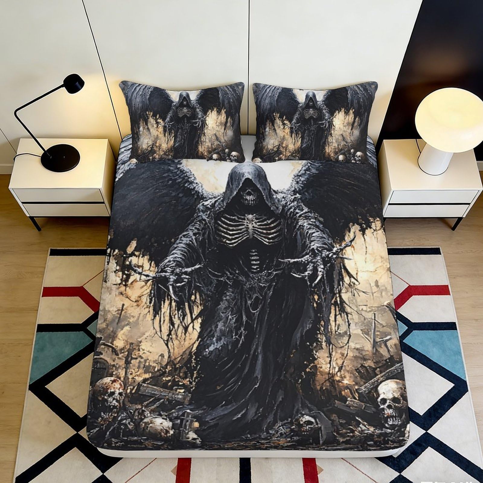 3D Printed Grim Reaper Fitted Sheet Microfiber Black Gothic Angel Mattress Cover for Bedroom Dorm Decor 90x200x25cm