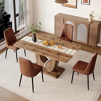 Wood Dining Table Set for 4 with MDF Table Top, Modern Dinner Table and Chairs, Rectangular Farmhouse Dining Room Table Set of 4 for Dining Kitchen Room 63 Table and 4 Upholstered Chairs