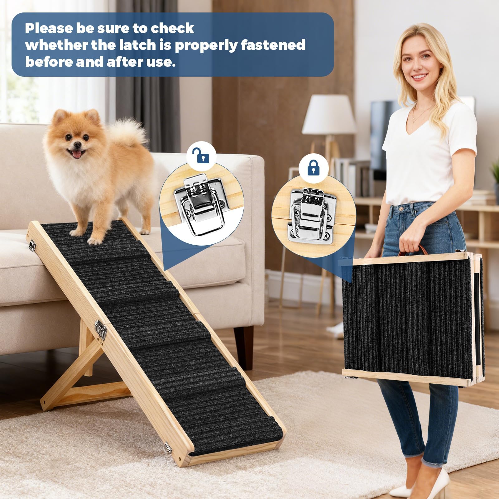 Rampe Pliable en Bois pour Chien réglable Hauteur 25-52 cm Longueur 83 cm Largeur 35 cm Antidérapante jusqu'à 15 kg