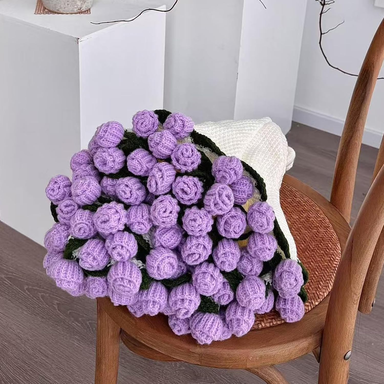 Custom Rose Flower Blanket with Embroidered Name - Personalized Crochet Bouquet Throw Blanket, Gift for Birthday Wedding Valentine’s Day Mother's Day Christmas (Purple)
