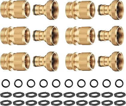 Heavy Duty Solid Brass Garden Hose Quick Connect Fittings, 6 Pack 3/4" With 20 Extra Washers, Male and Female Connectors