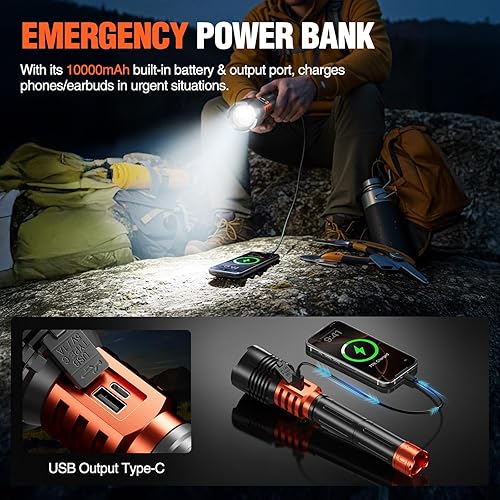 Vista 7 de Wdtpro Linternas LED Recargables de Alto Lúmenes, Linterna Recargable Súper Brillante de 90,000LM con Pantalla LCD, 5 Modos e Impermeable Potente