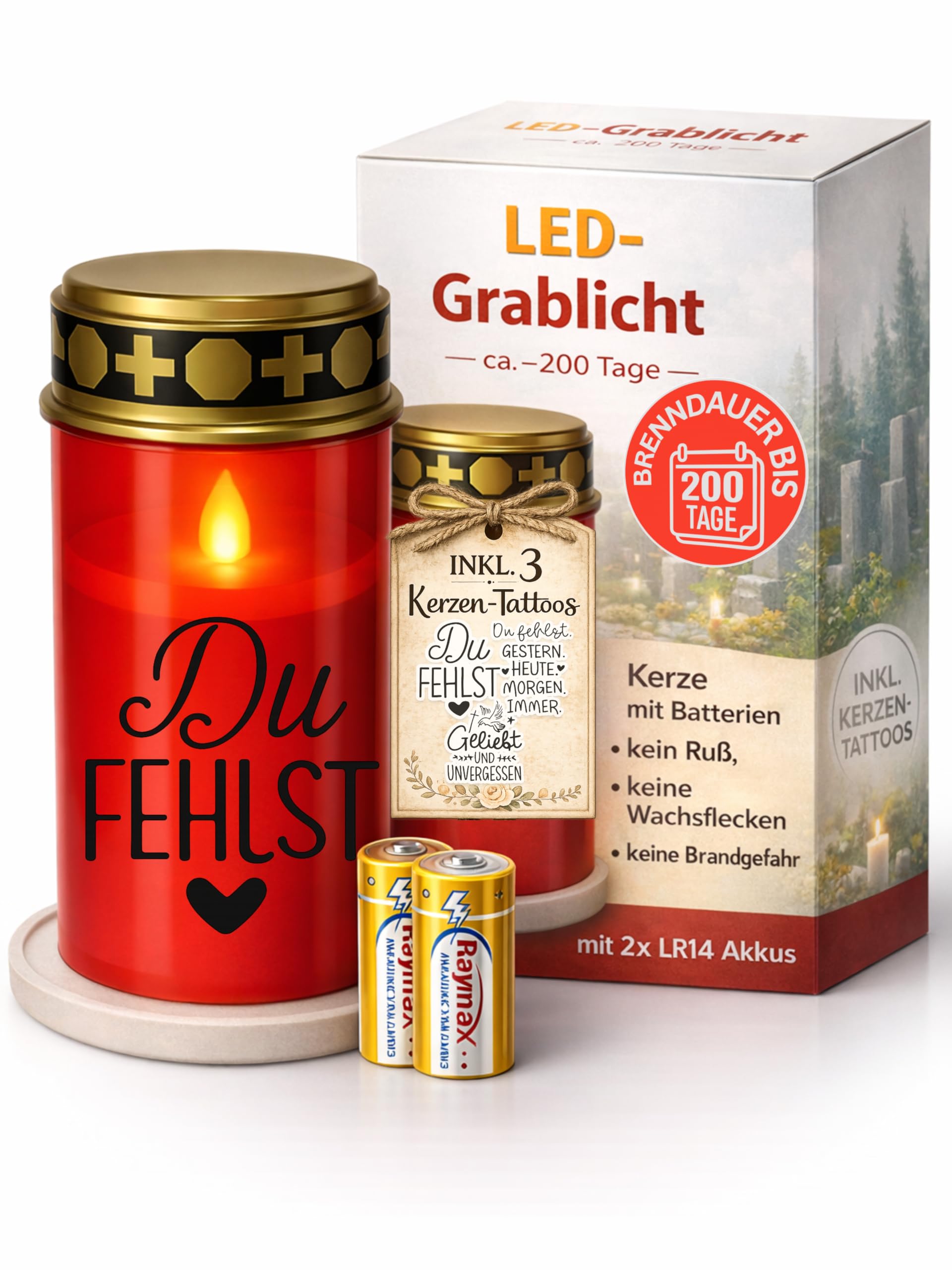 Lumini funerali a LED con batteria, resistenti alle intemperie, per esterni, con effetto tremolante, candele da cimitero, durata fino a 6 mesi, elegante candela commemorativa con 3 adesivi