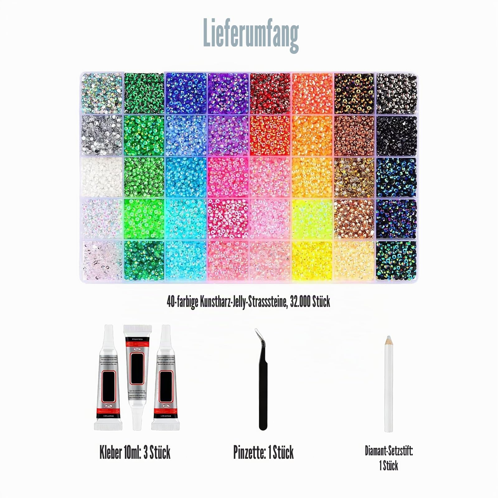 40 Farben 3mm Jelly Strasssteine,32000 Stück Glitzersteine Bedazzler Kit,Enthält 1 Pinzette und 1 Stift, geeignet für DIY-Dekorationen bei Kleidung, Schuhen, Nageldesign, Malerei und vielem mehr