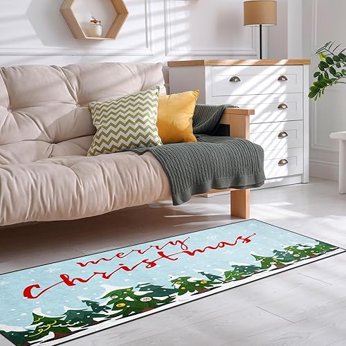 Miniatura 5 de ArtSocket Alfombra de Navidad con diseño de pino de Navidad, 2 x 6 pies, antideslizante, lavable, para interiores, dormitorio, cocina, entrada,