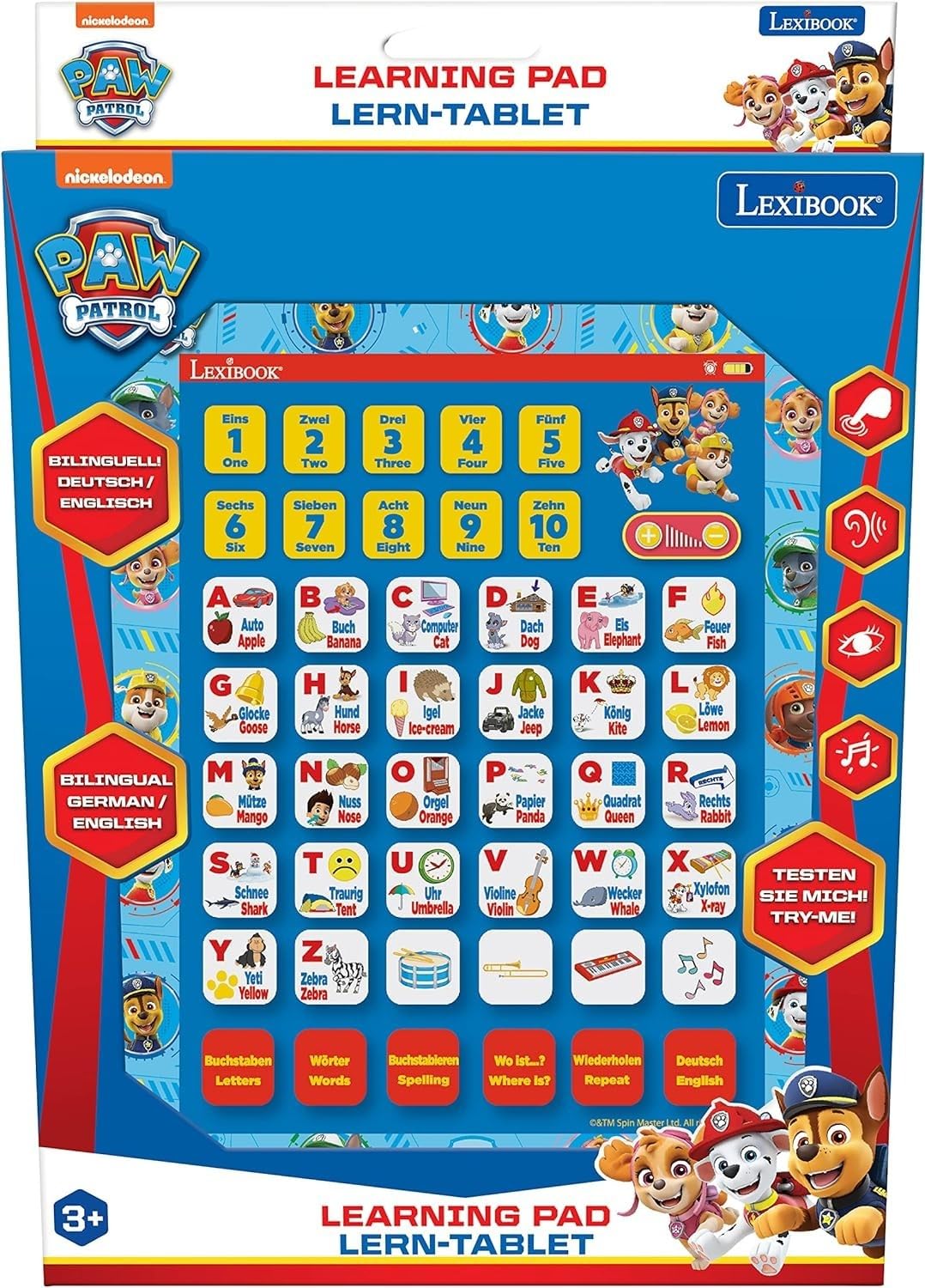 Lexibook JCPAD002PAi3 Psi Patrol Edukacyjny Dwujęzyczny Interaktywny Tablet, Zabawka do Nauki Liter Alfabetu, Cyfr, Słów, Pisowni i Muzyki, Język Angielski, Niemiecki, Niebieski