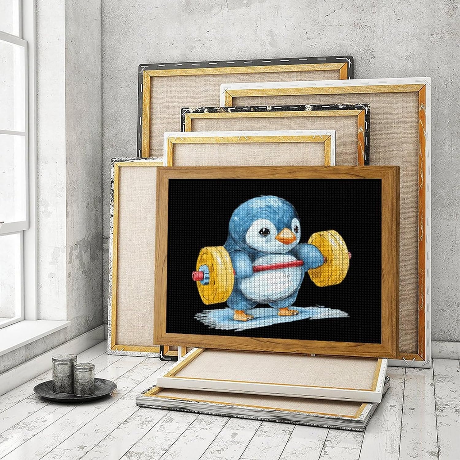 Weightlifting Penguin Printed Diamond 5D Painting Kits DIY Full Drill Crafts for Home Wall Decor 16x20 Inch Yellow Wood 50 * 40cm