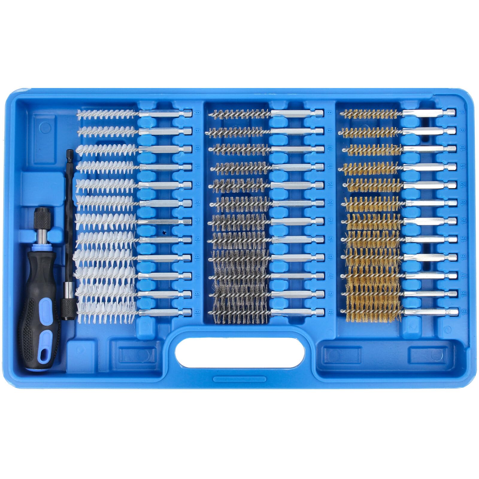 GEPCO 38-tlg. Rundbürsten Set | Nylon Stahl Messing Drahtbürsten | Reinigungsbürsten für Bohr- Akku- & Druckluftbohrer | Rohrreiniger | Bohrlochbürsten Entgraten Zylinder Rohre | 1/4" Schaft, Ø 8-19mm