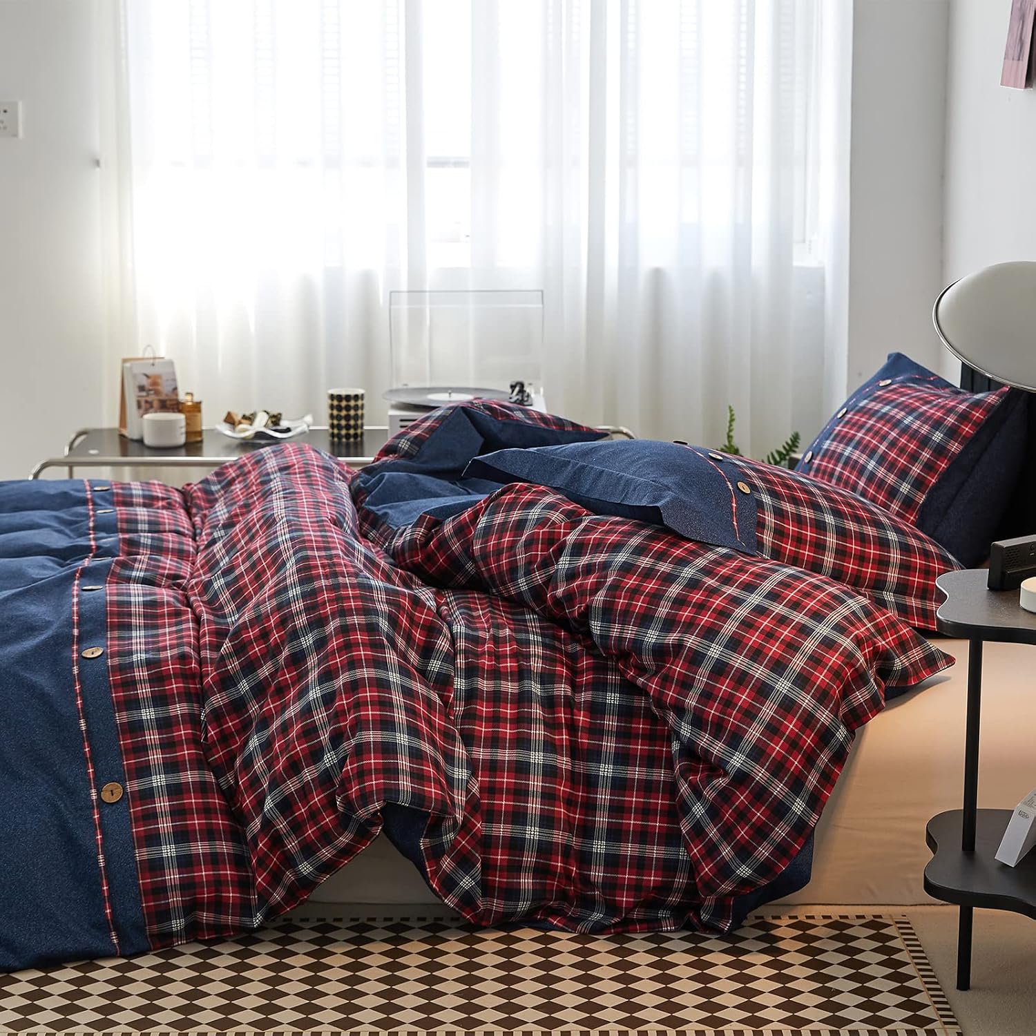 Simple&Opulence 100% Cotton Buffalo Check Plaid Printed Duvet Cover Set, 3 Pieces Bedding Set Including 1 Comforter Cover and 2 Pillow Shams, Soft and Comfortable (Queen,Red)