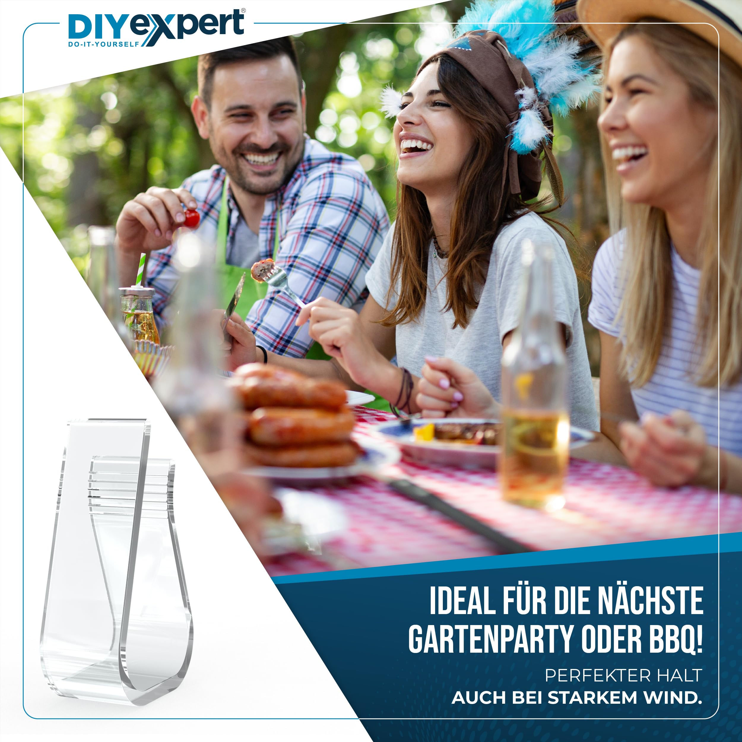 DIYexpert Mollette per tovaglia, trasparenti, prodotte in Germania, fino a 25 mm, 8 pezzi, resistenti alle intemperie e antiscivolo, mollette da tavolo per giardino, balcone e interni