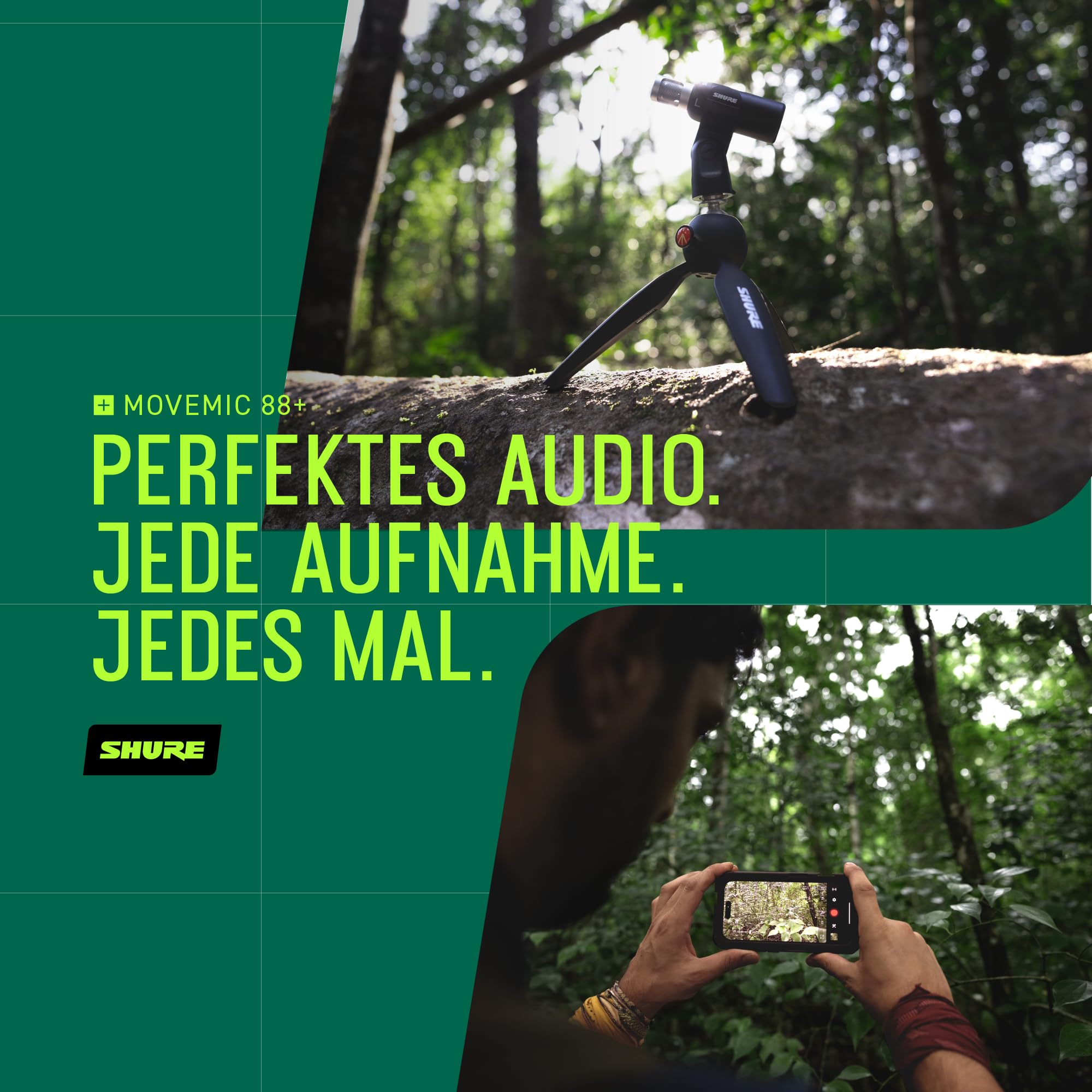 Shure MoveMic 88+ Drahtloses Mikrofon - Professioneller Audio-Recorder für Film-/Feld-Aufnahmen und Interviews, Stereo-Mikro 4 Richtcharakteristiken | Kompatibel mit iOS/Android über Motiv App