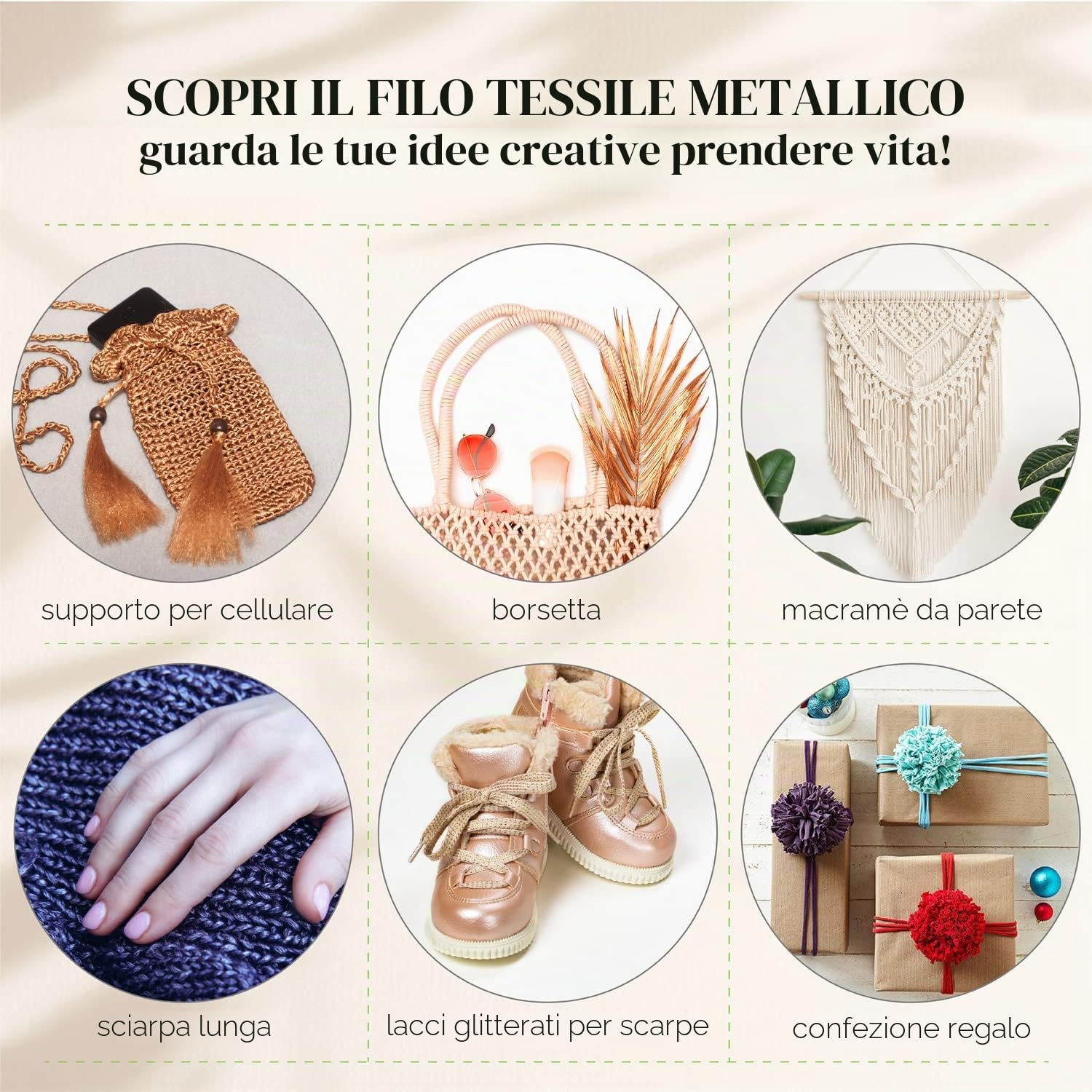 MeriWoolArt® Filato tessile Macramè per uncinetto e maglia - Filato per magliette piatte glitterate fai da te spessore 10 mm, 125 m - Filato di cotone riciclato con Lurex, Viscosa
