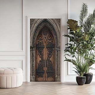 Realistic Wooden Door Sticker, Arch Wooden Door Mural, Viking Baroque Wallpaper Decor Peel and Stick PVC Decal Removable Self-Adhesive for Home Decor 30.3" W x 78.7" L
