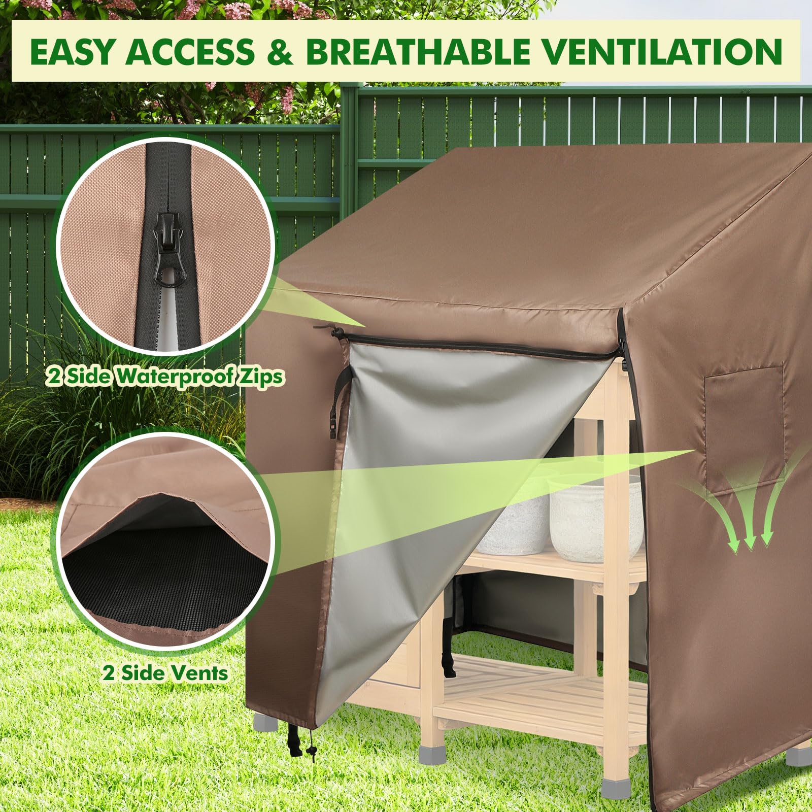 Funda Impermeable para Mesa de Jardinería con Solapa Frontal Abatible, Cubierta Protectora para Banco de Trabajo, Oxford 420D Marrón (116 * 51 * 120cm)