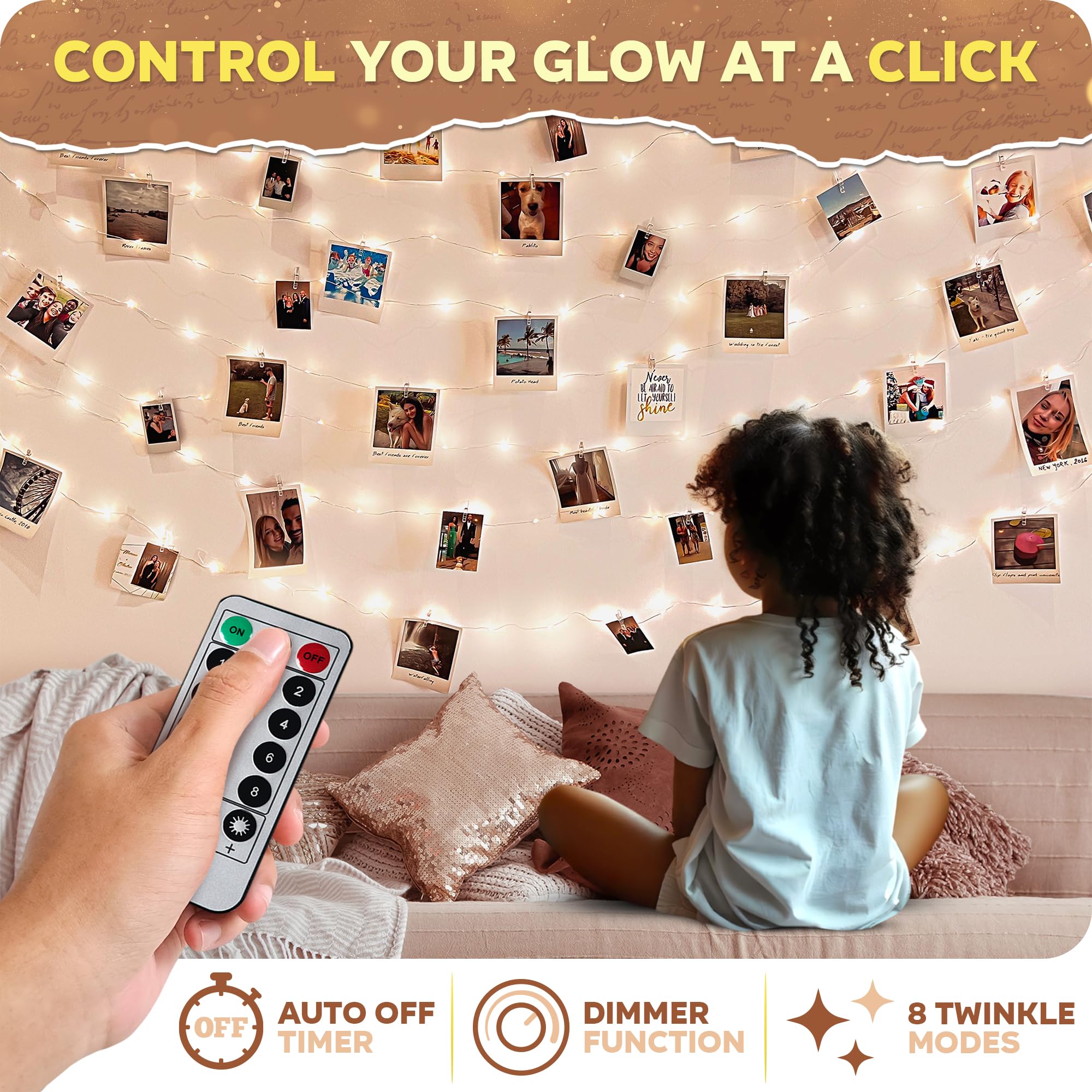Photo Clips String Light - Copper String Lights (16.4ft) with 50 Transparent Clips & 50 Warm White LED - Fairy Lights with.
