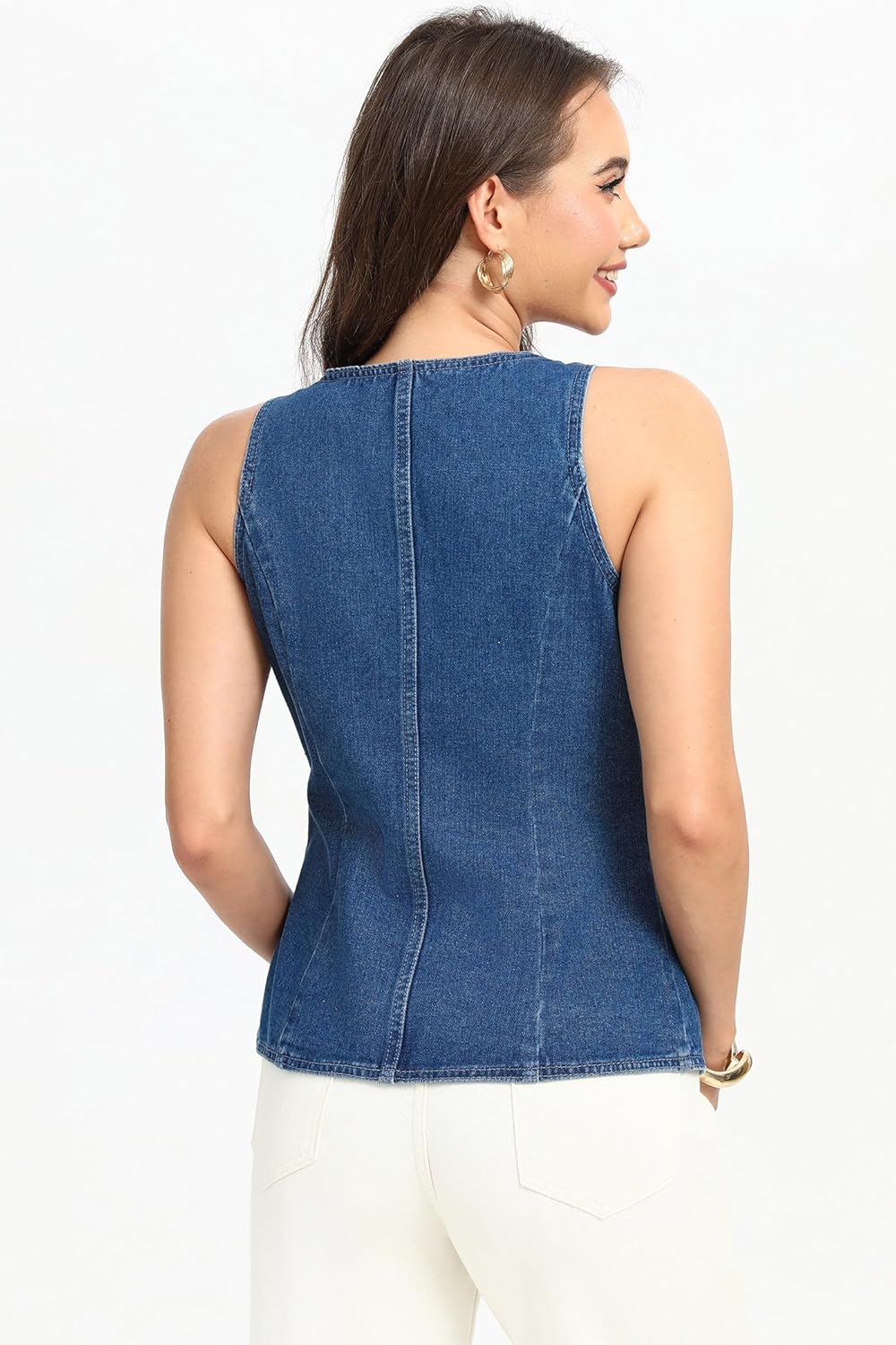 D-Sun Women Sleeveless Denim Vest Button Down Scoop Neck Jean Waistcoat Fashion Front Slit Denim Tank Top with Pockets