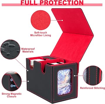Card Deck Box for MTG Commander, Large Card Storage Box for Trading Cards with Dice Tray, TCG Cards Display Case, Holds 150 Double-Sleeved Cards, Black&Red