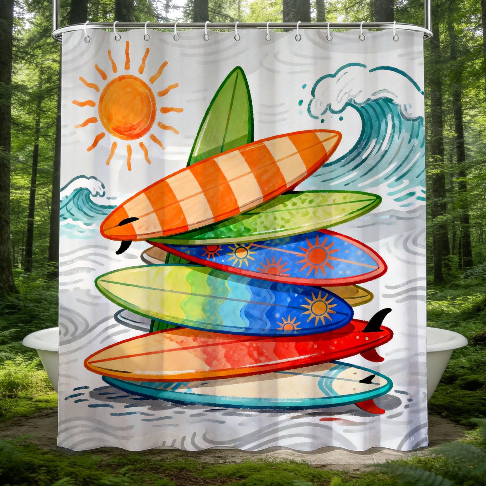 Hongduo 3D Watercolor Surfboard Shower Curtain for Stalls Bathtubs Summer Theme Bathroom Decor Shower Curtain Set Polyester Fabric Waterproof 200x200cm/79X79 Inch with Hooks