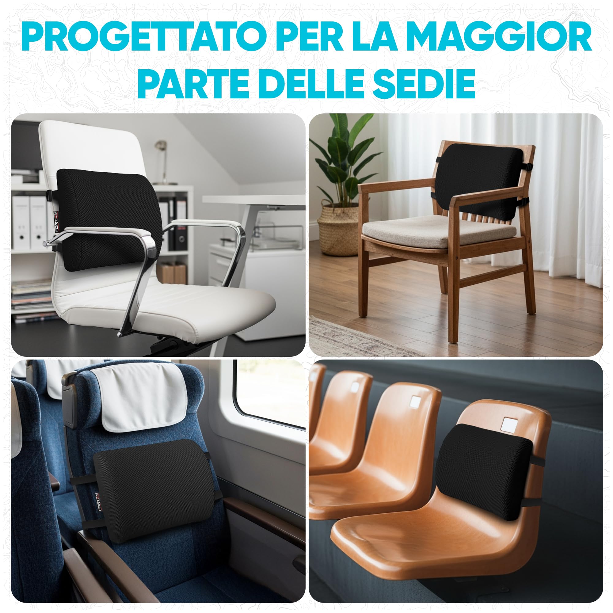 FORTEM Cuscino Lombare Sedia Ufficio, Supporto Lombare Auto, Cuscino Schiena, Schienale Sedia Ufficio Ergonomico in Memory Foam, Fodera Traspirante e Lavabile, Cinghia Regolabile, per Gaming e Lavoro